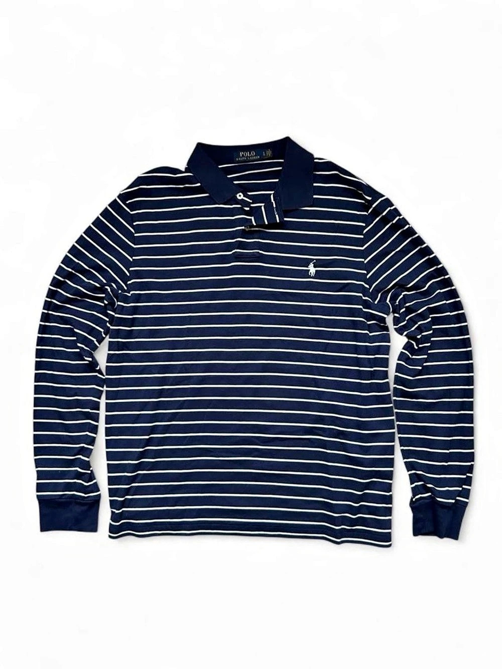 Preppy Polo Ralph Lauren Long Sleeve Striped Polo Shirt Blue & White Large